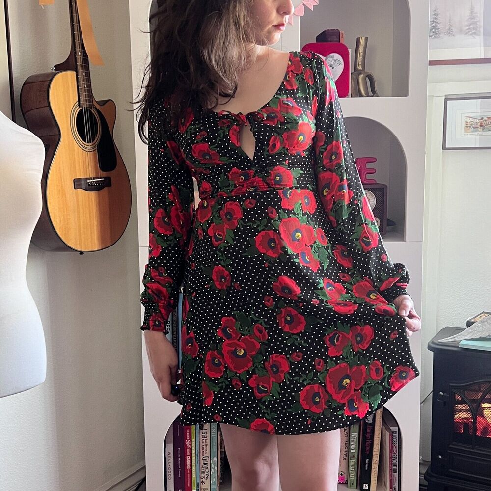 Free People Womens Morning Light Black Polka Dot Babydoll Dress Sz 0‎ Floral
